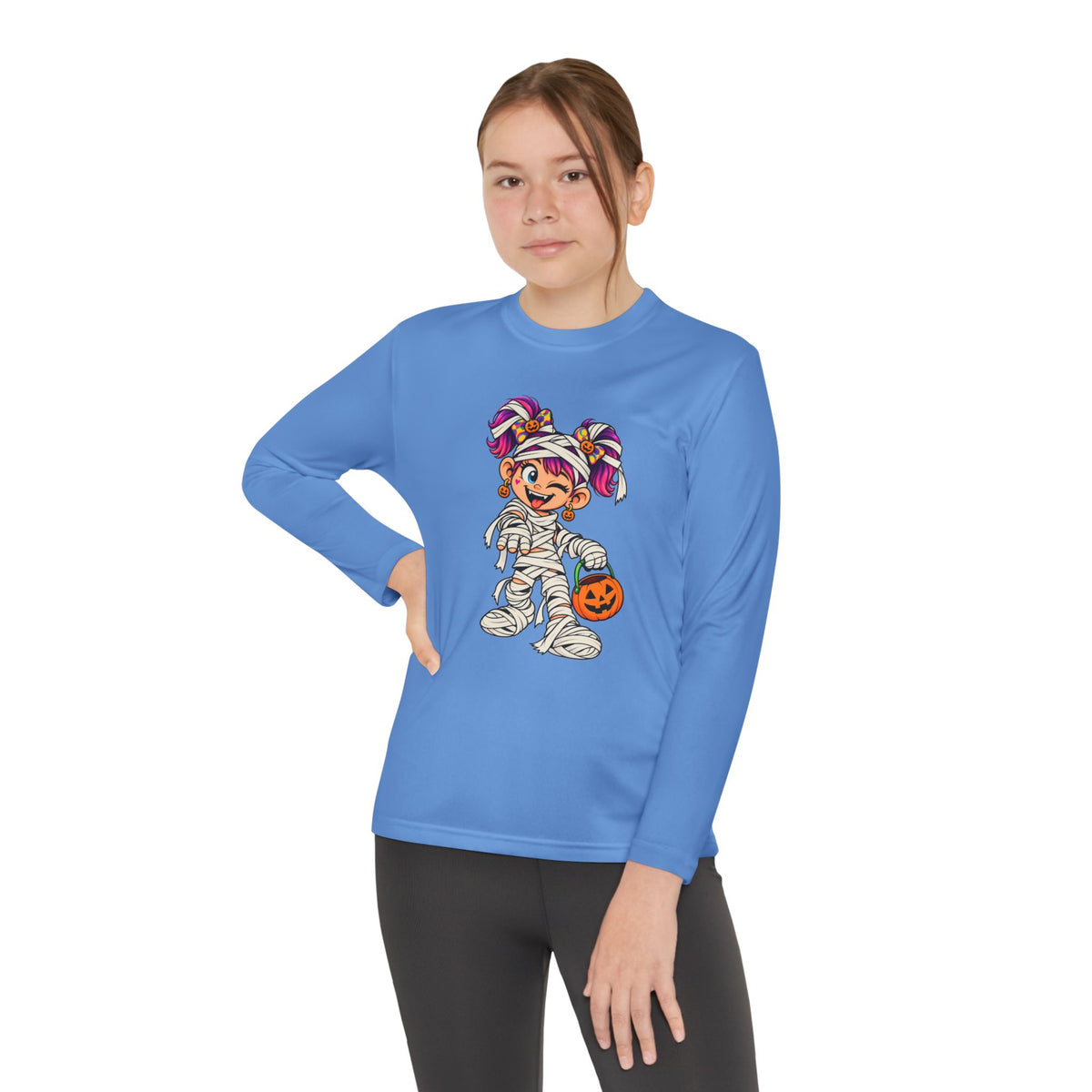 Youth Halloween Mummy Costume Long Sleeve Tee - Trick or Treat Pumpkin Graphic