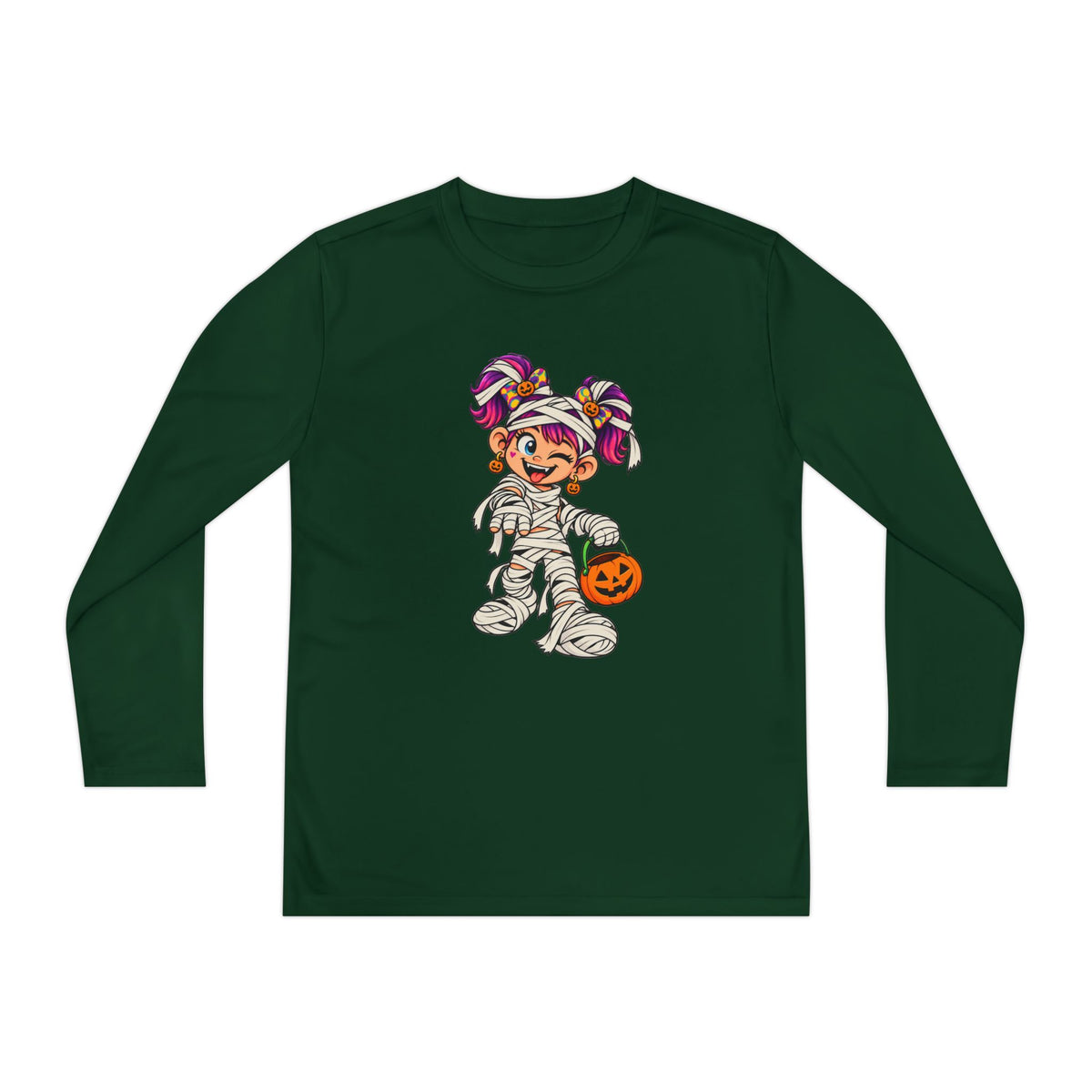 Youth Halloween Mummy Costume Long Sleeve Tee - Trick or Treat Pumpkin Graphic