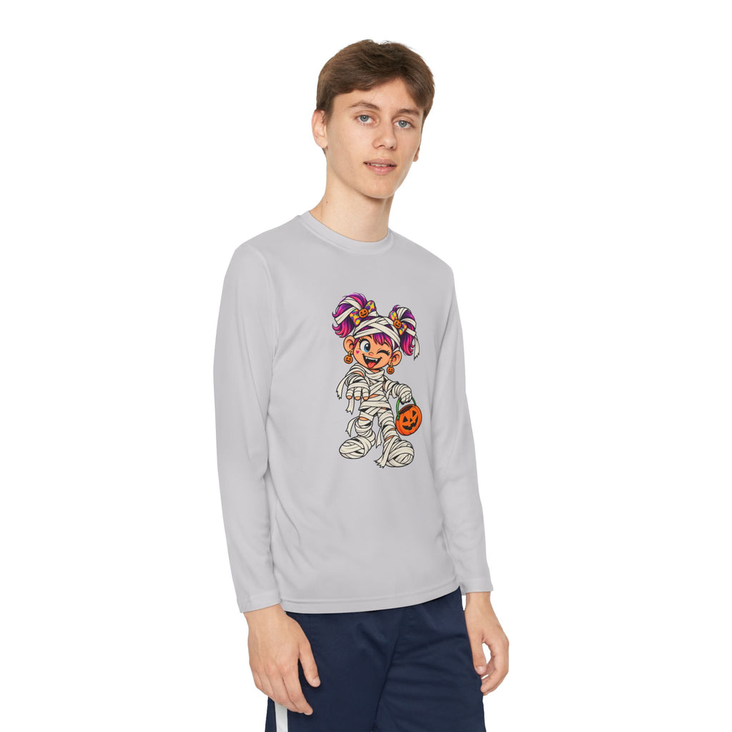 Youth Halloween Mummy Costume Long Sleeve Tee - Trick or Treat Pumpkin Graphic