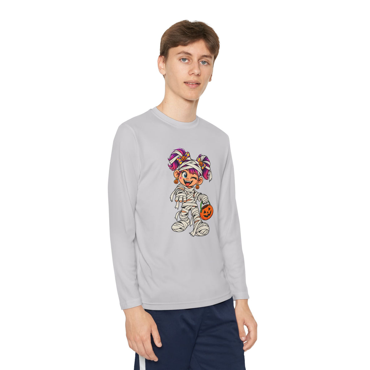 Youth Halloween Mummy Costume Long Sleeve Tee - Trick or Treat Pumpkin Graphic