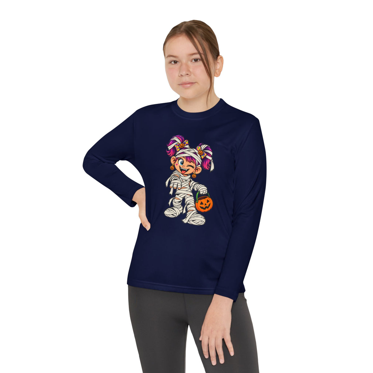 Youth Halloween Mummy Costume Long Sleeve Tee - Trick or Treat Pumpkin Graphic