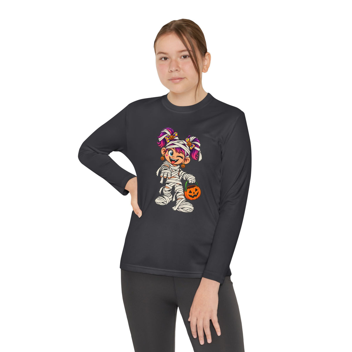 Youth Halloween Mummy Costume Long Sleeve Tee - Trick or Treat Pumpkin Graphic
