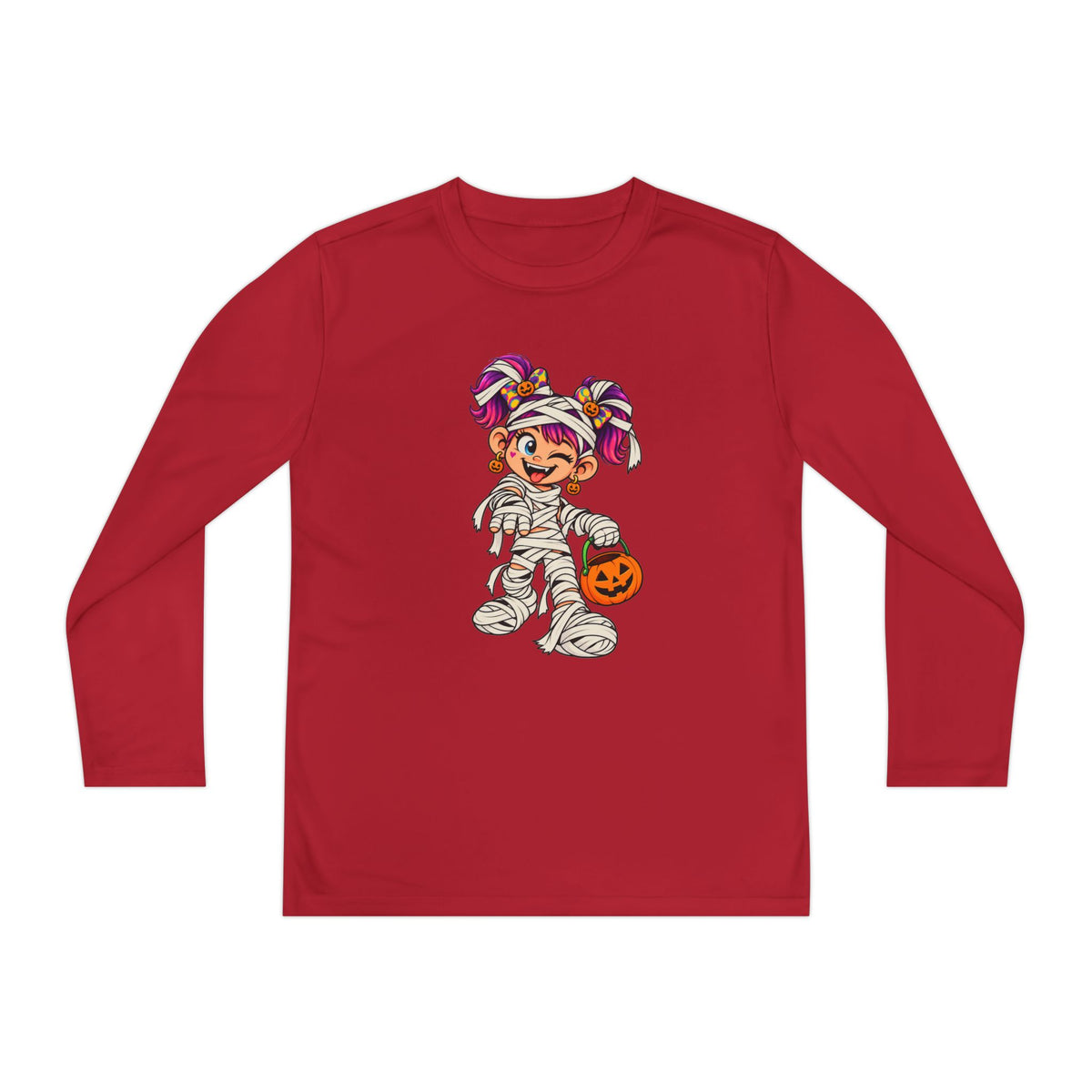 Youth Halloween Mummy Costume Long Sleeve Tee - Trick or Treat Pumpkin Graphic