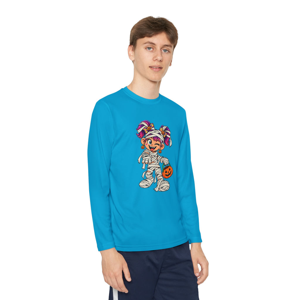Youth Halloween Mummy Costume Long Sleeve Tee - Trick or Treat Pumpkin Graphic
