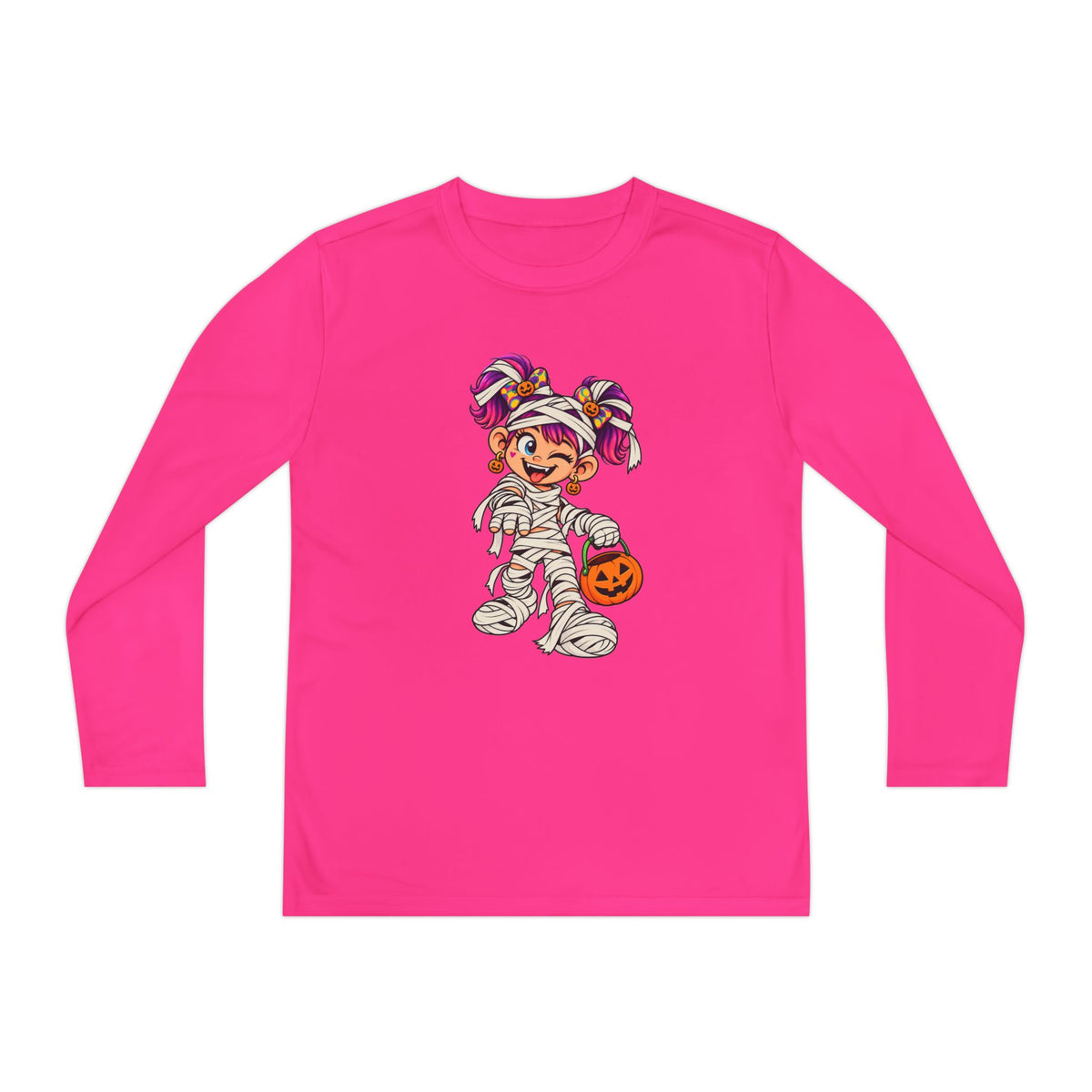 Youth Halloween Mummy Costume Long Sleeve Tee - Trick or Treat Pumpkin Graphic