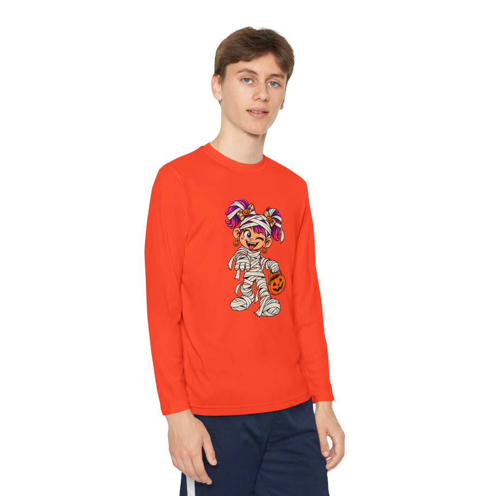 Youth Halloween Mummy Costume Long Sleeve Tee - Trick or Treat Pumpkin Graphic