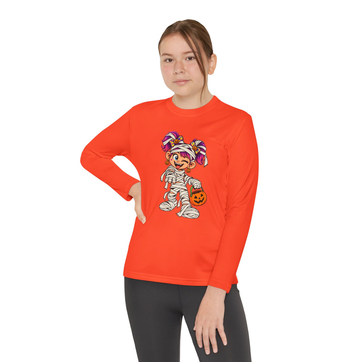 Youth Halloween Mummy Costume Long Sleeve Tee - Trick or Treat Pumpkin Graphic