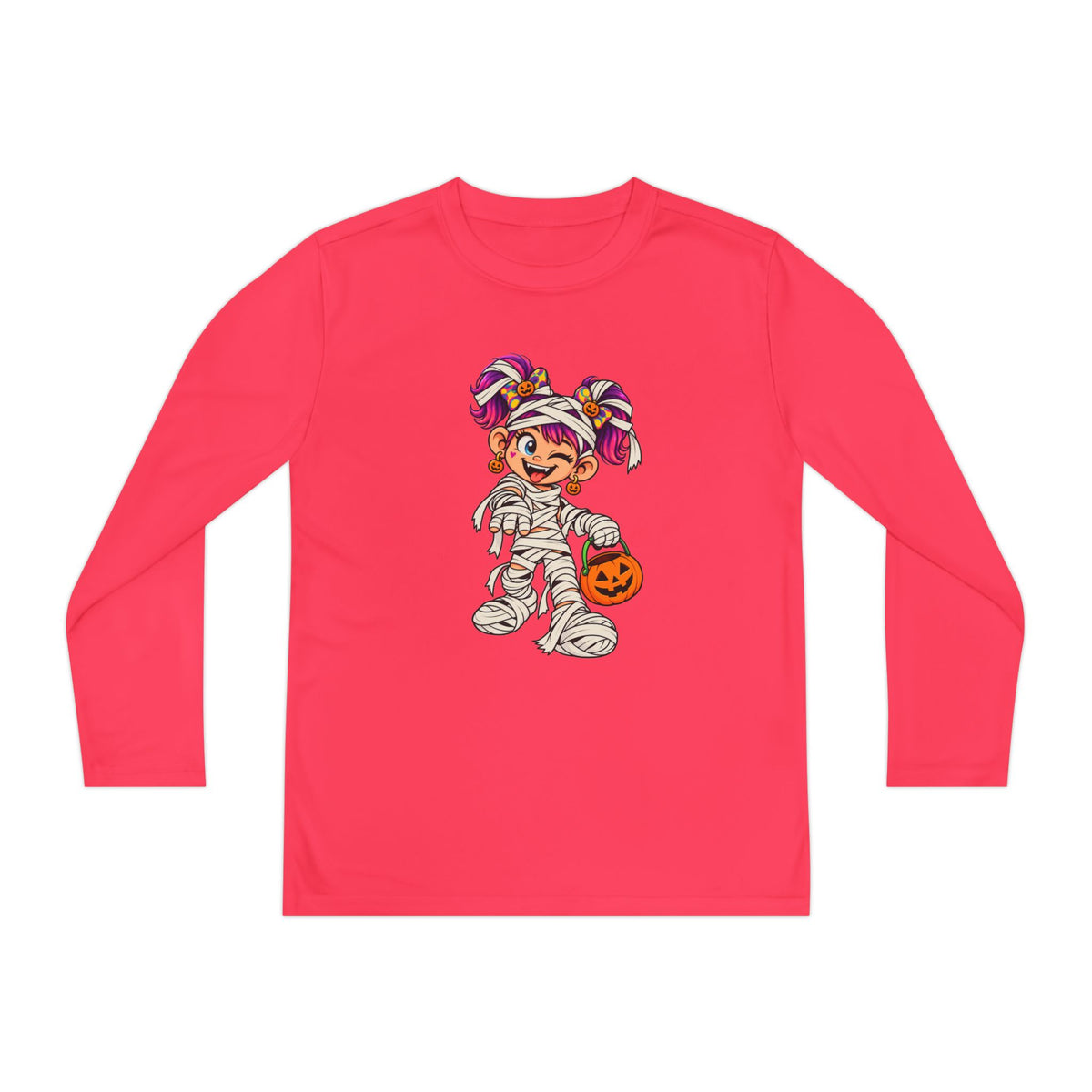 Youth Halloween Mummy Costume Long Sleeve Tee - Trick or Treat Pumpkin Graphic