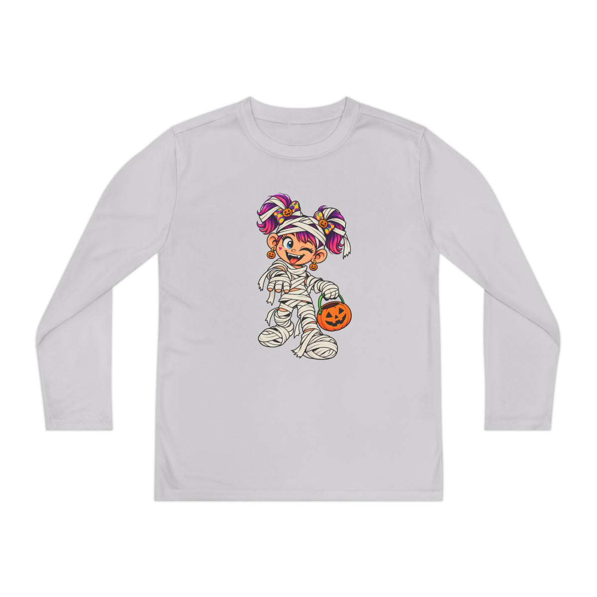 Youth Halloween Mummy Costume Long Sleeve Tee - Trick or Treat Pumpkin Graphic