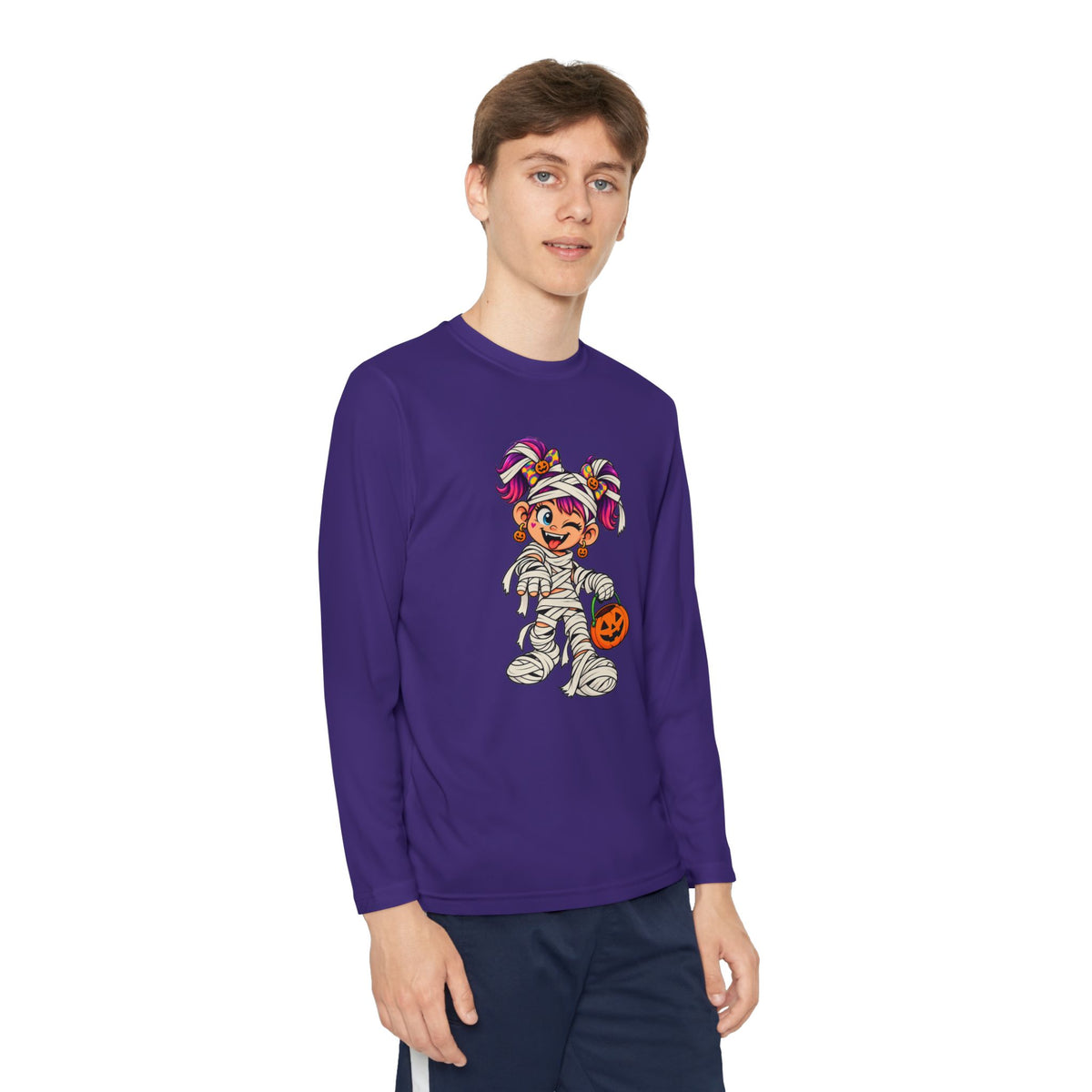 Youth Halloween Mummy Costume Long Sleeve Tee - Trick or Treat Pumpkin Graphic