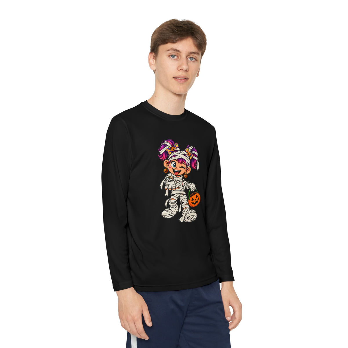 Youth Halloween Mummy Costume Long Sleeve Tee - Trick or Treat Pumpkin Graphic