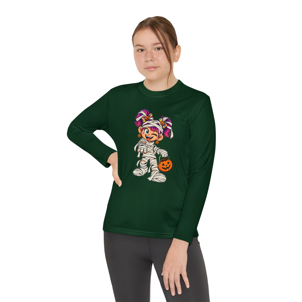 Youth Halloween Mummy Costume Long Sleeve Tee - Trick or Treat Pumpkin Graphic