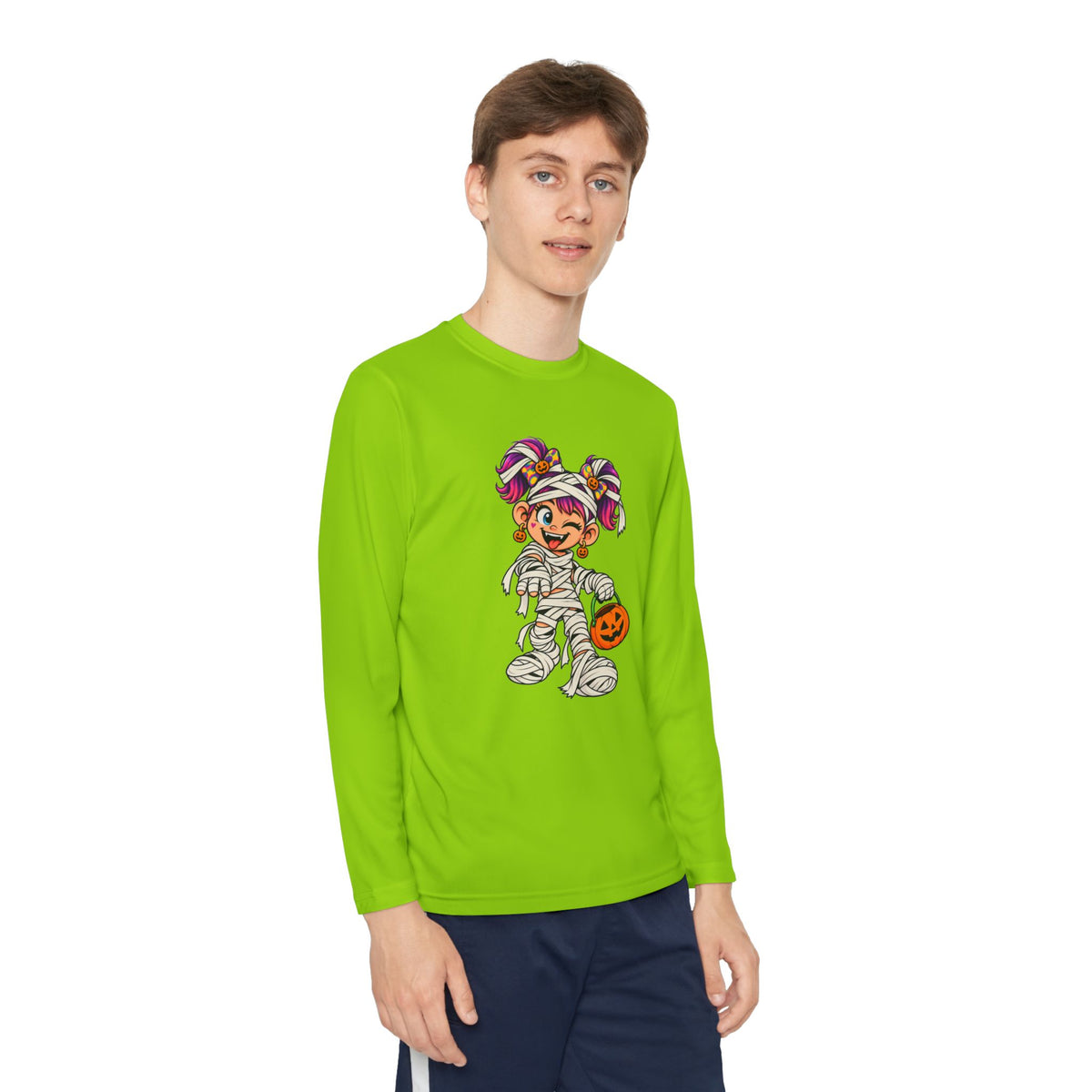 Youth Halloween Mummy Costume Long Sleeve Tee - Trick or Treat Pumpkin Graphic