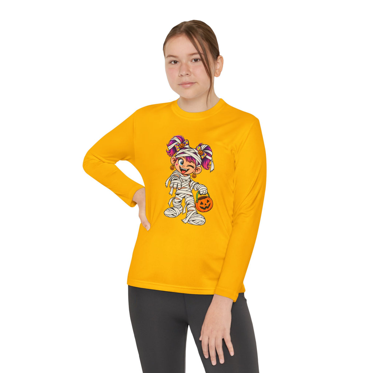 Youth Halloween Mummy Costume Long Sleeve Tee - Trick or Treat Pumpkin Graphic