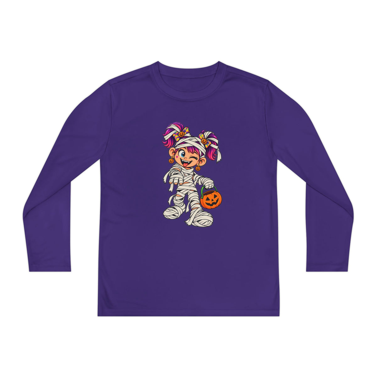 Youth Halloween Mummy Costume Long Sleeve Tee - Trick or Treat Pumpkin Graphic