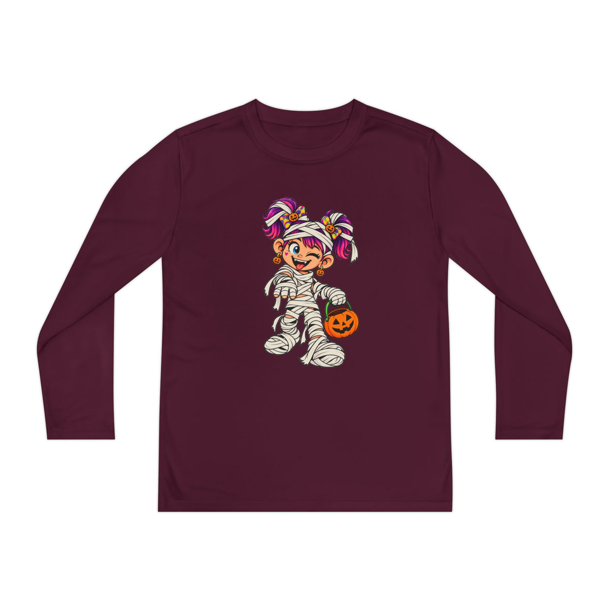 Youth Halloween Mummy Costume Long Sleeve Tee - Trick or Treat Pumpkin Graphic