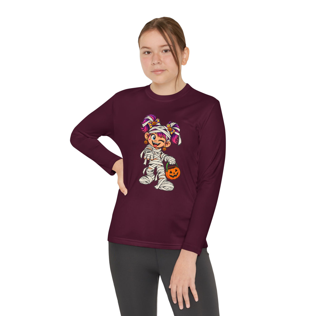 Youth Halloween Mummy Costume Long Sleeve Tee - Trick or Treat Pumpkin Graphic