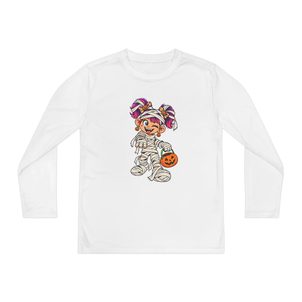 Youth Halloween Mummy Costume Long Sleeve Tee - Trick or Treat Pumpkin Graphic