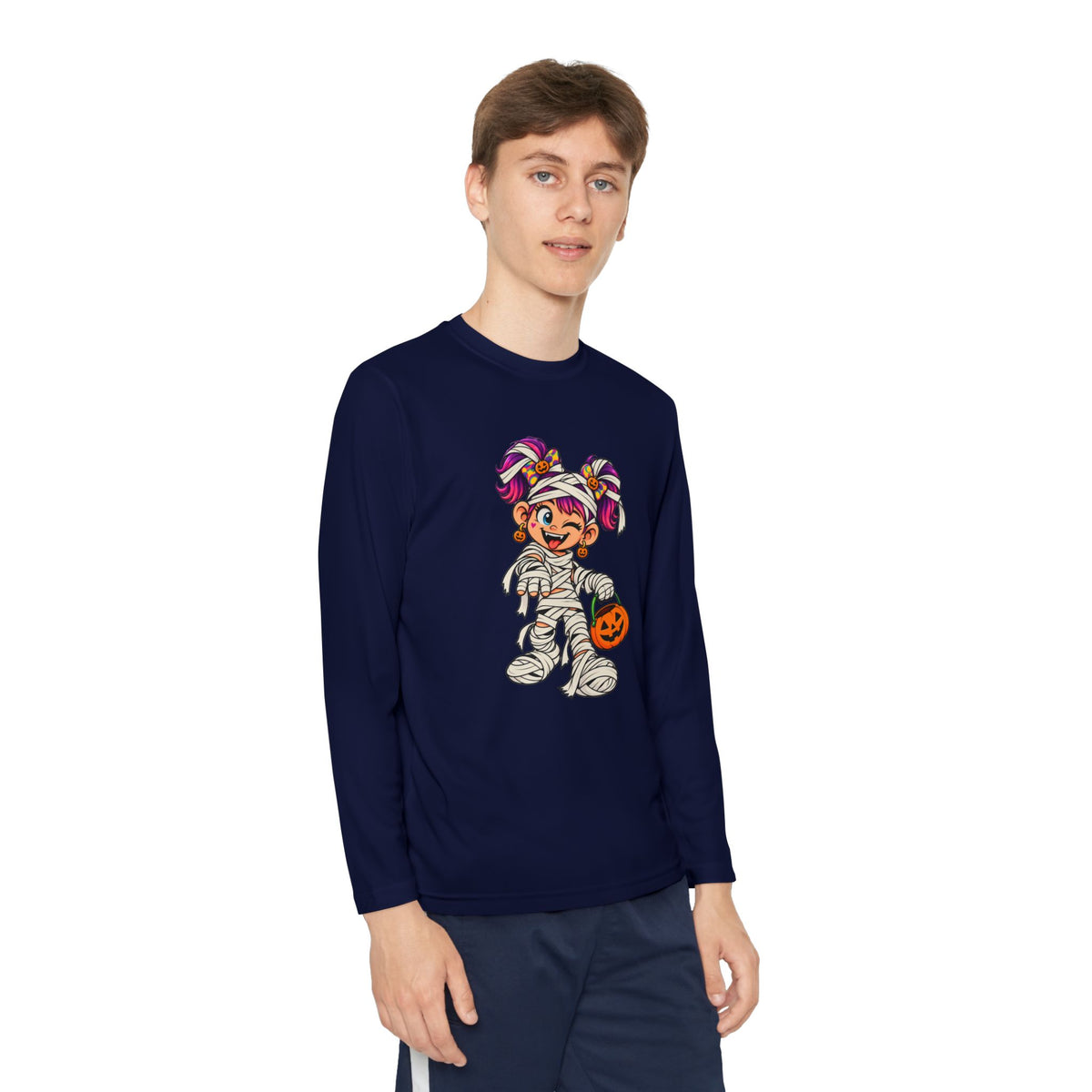 Youth Halloween Mummy Costume Long Sleeve Tee - Trick or Treat Pumpkin Graphic