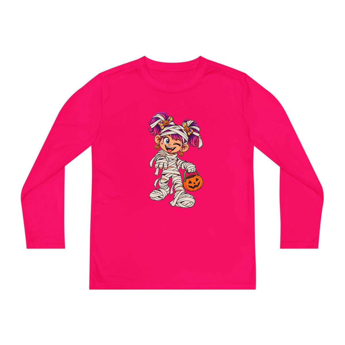 Youth Halloween Mummy Costume Long Sleeve Tee - Trick or Treat Pumpkin Graphic