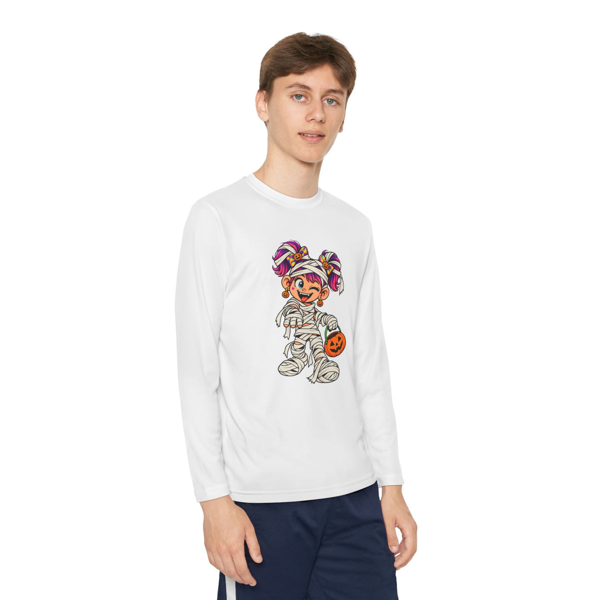 Youth Halloween Mummy Costume Long Sleeve Tee - Trick or Treat Pumpkin Graphic