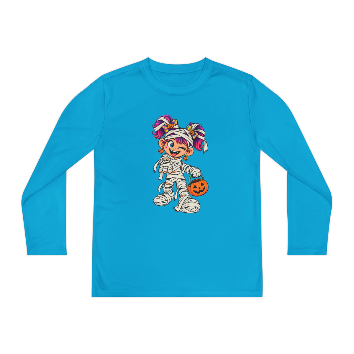 Youth Halloween Mummy Costume Long Sleeve Tee - Trick or Treat Pumpkin Graphic