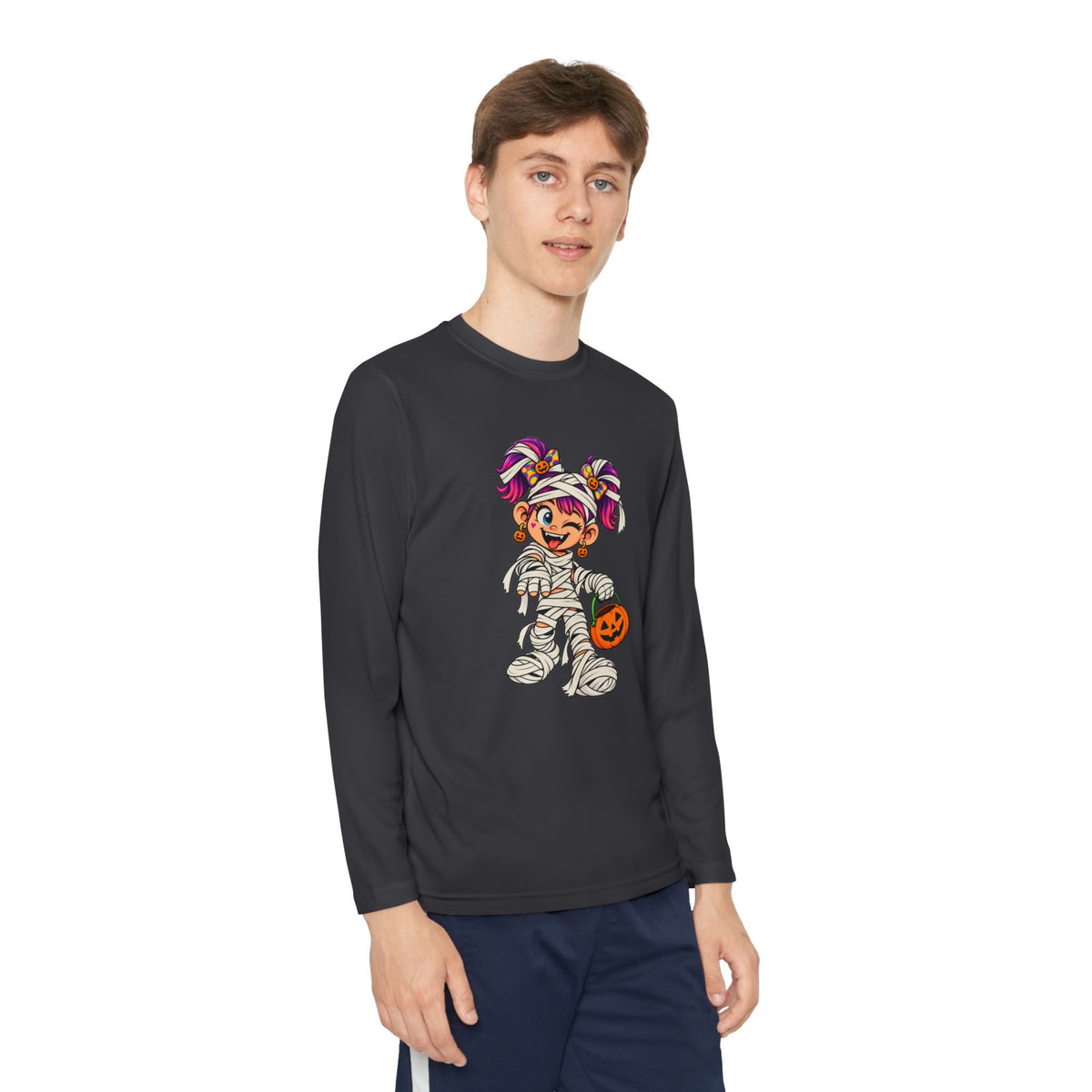 Youth Halloween Mummy Costume Long Sleeve Tee - Trick or Treat Pumpkin Graphic