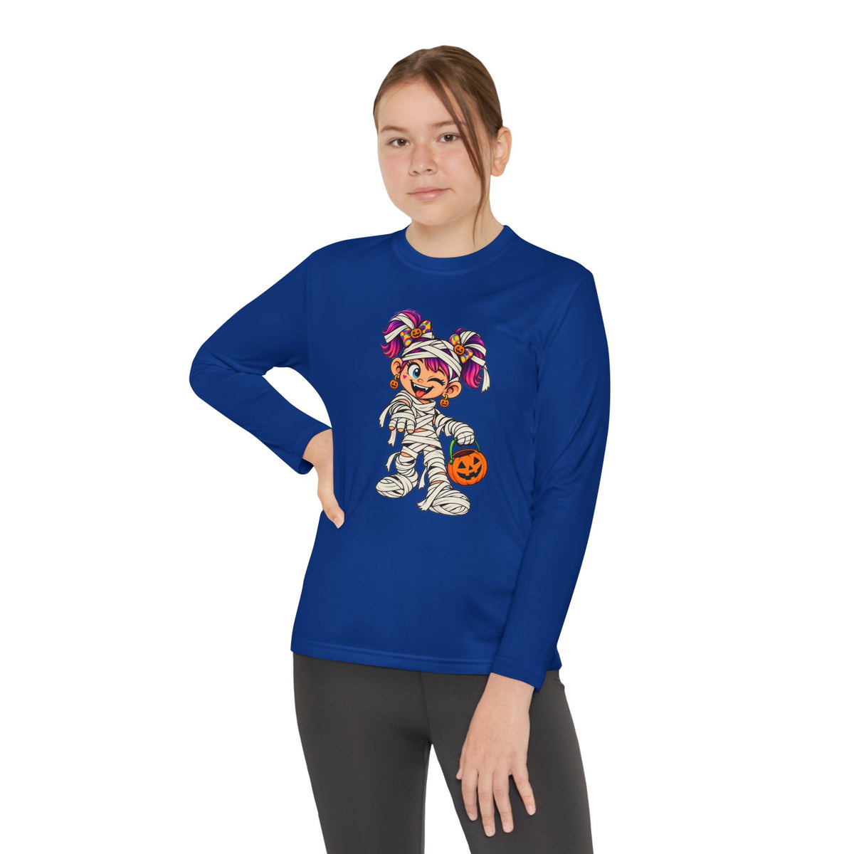 Youth Halloween Mummy Costume Long Sleeve Tee - Trick or Treat Pumpkin Graphic