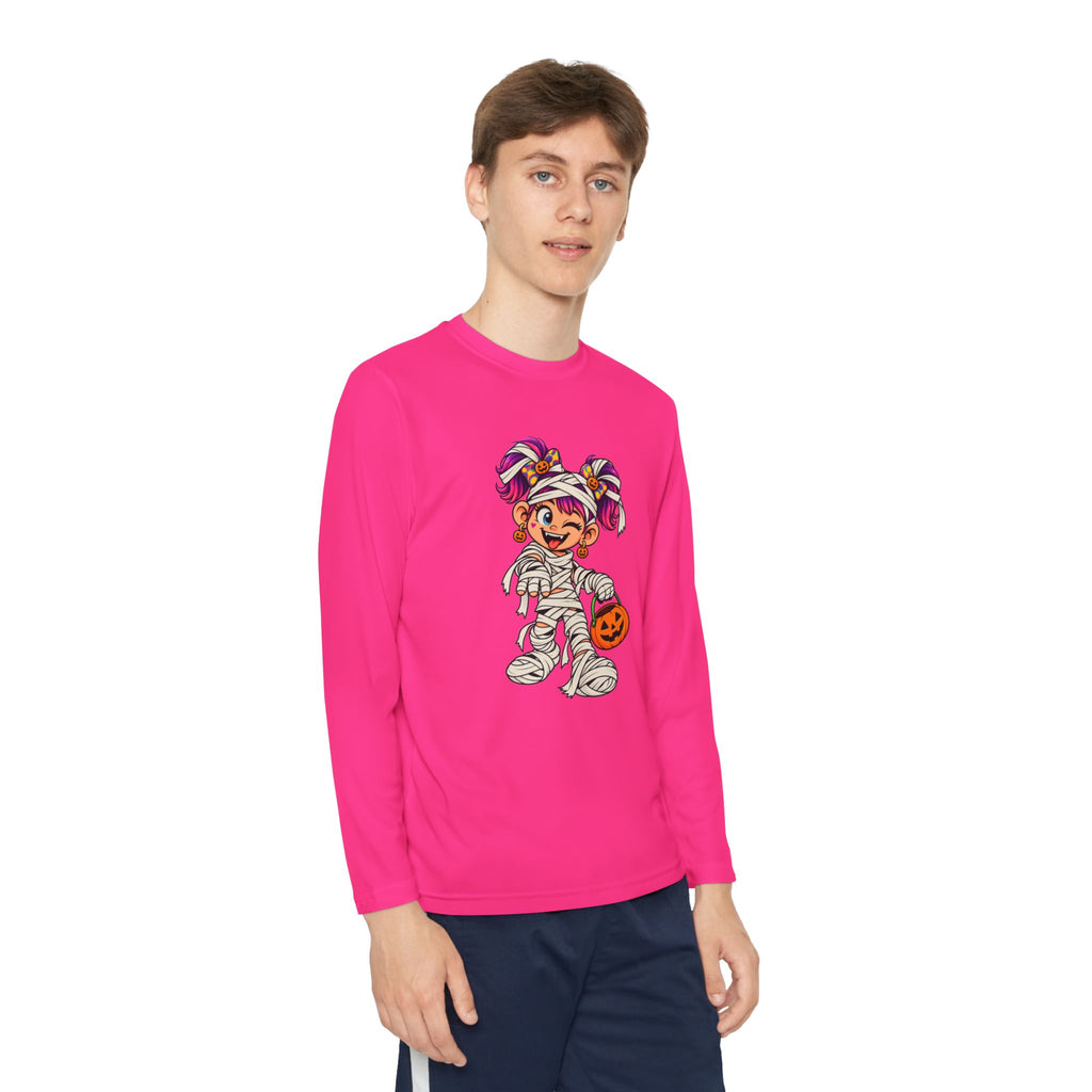 Youth Halloween Mummy Costume Long Sleeve Tee - Trick or Treat Pumpkin Graphic