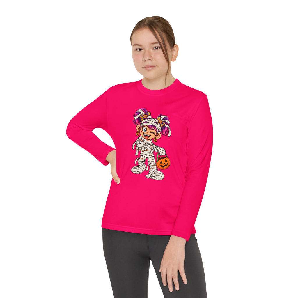Youth Halloween Mummy Costume Long Sleeve Tee - Trick or Treat Pumpkin Graphic