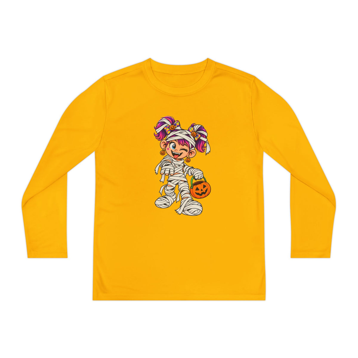 Youth Halloween Mummy Costume Long Sleeve Tee - Trick or Treat Pumpkin Graphic