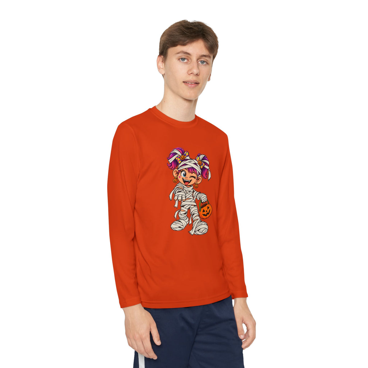 Youth Halloween Mummy Costume Long Sleeve Tee - Trick or Treat Pumpkin Graphic