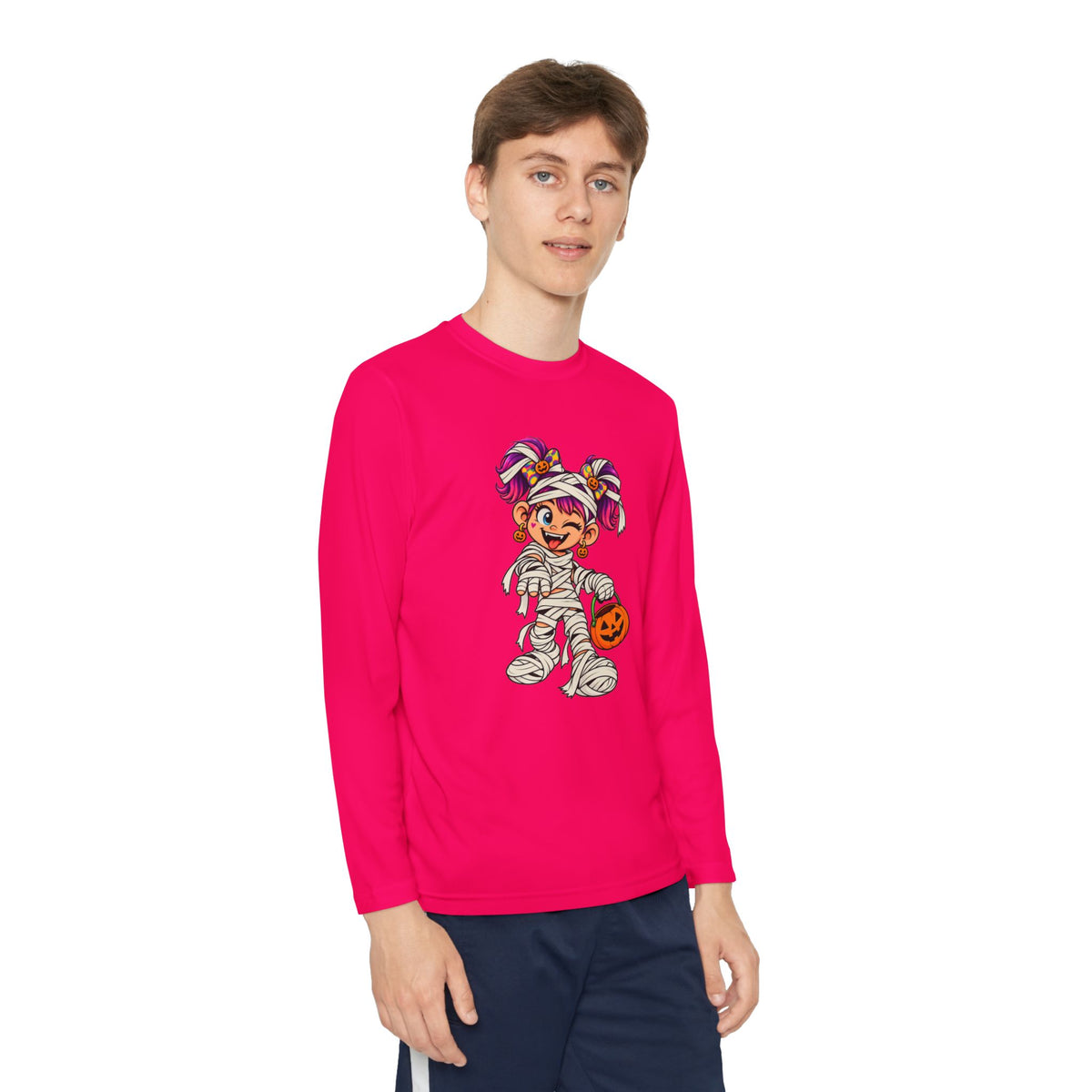Youth Halloween Mummy Costume Long Sleeve Tee - Trick or Treat Pumpkin Graphic