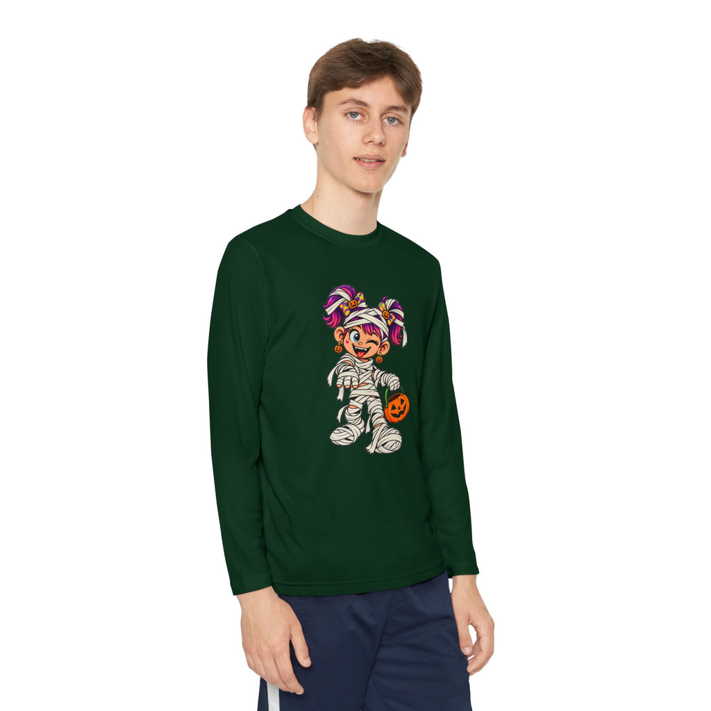 Youth Halloween Mummy Costume Long Sleeve Tee - Trick or Treat Pumpkin Graphic