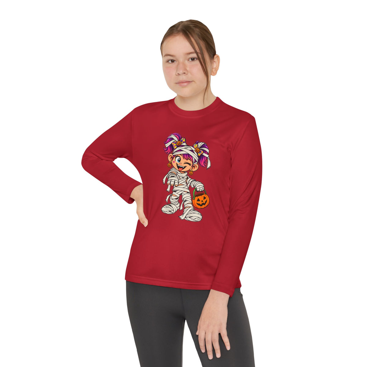 Youth Halloween Mummy Costume Long Sleeve Tee - Trick or Treat Pumpkin Graphic