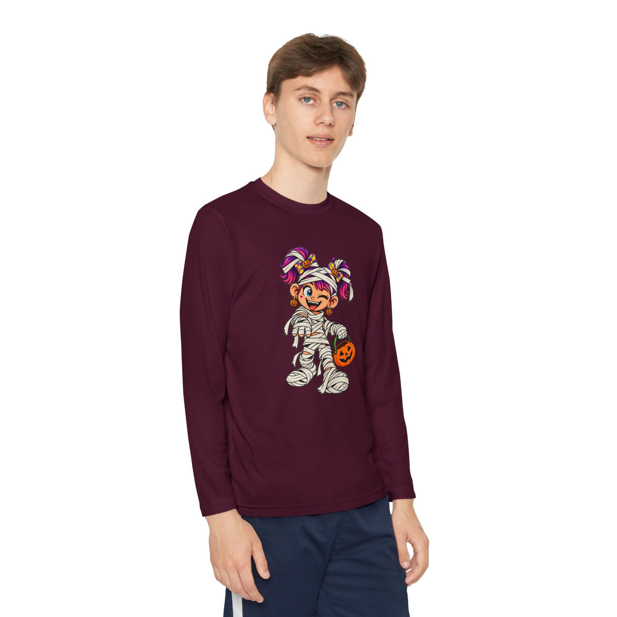 Youth Halloween Mummy Costume Long Sleeve Tee - Trick or Treat Pumpkin Graphic