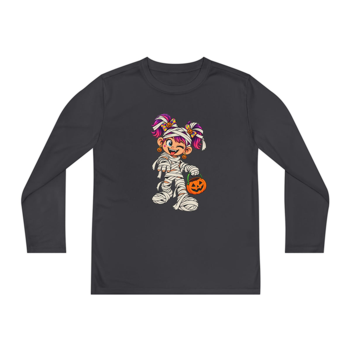 Youth Halloween Mummy Costume Long Sleeve Tee - Trick or Treat Pumpkin Graphic