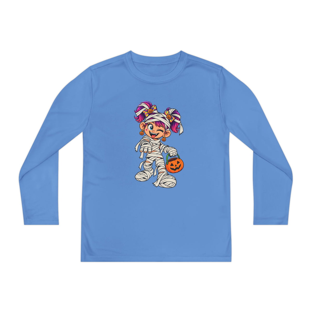 Youth Halloween Mummy Costume Long Sleeve Tee - Trick or Treat Pumpkin Graphic