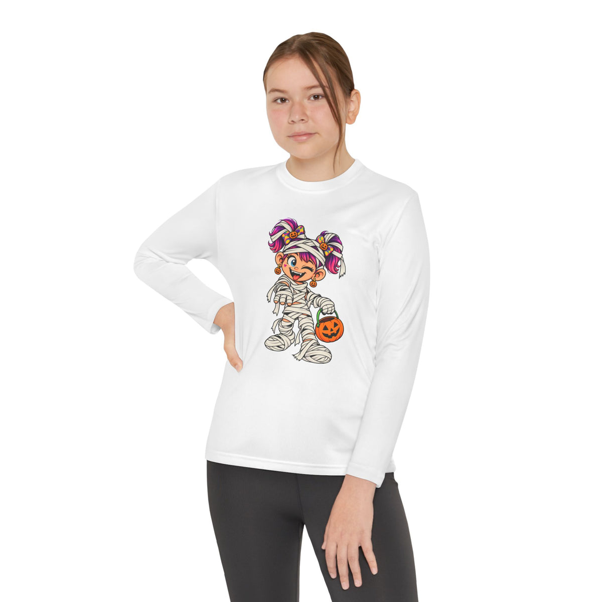 Youth Halloween Mummy Costume Long Sleeve Tee - Trick or Treat Pumpkin Graphic