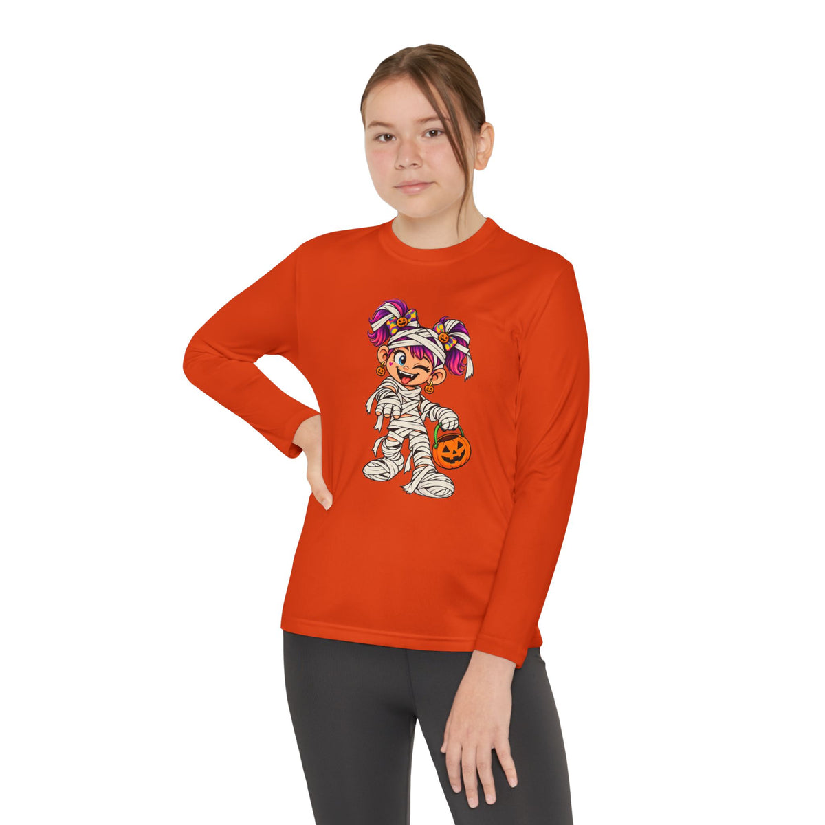Youth Halloween Mummy Costume Long Sleeve Tee - Trick or Treat Pumpkin Graphic