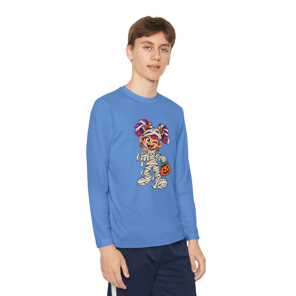 Youth Halloween Mummy Costume Long Sleeve Tee - Trick or Treat Pumpkin Graphic