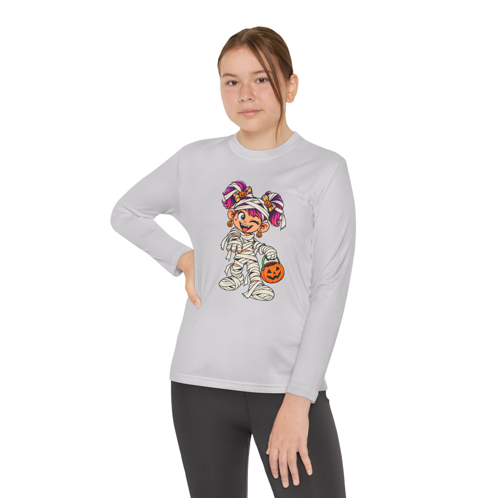 Youth Halloween Mummy Costume Long Sleeve Tee - Trick or Treat Pumpkin Graphic