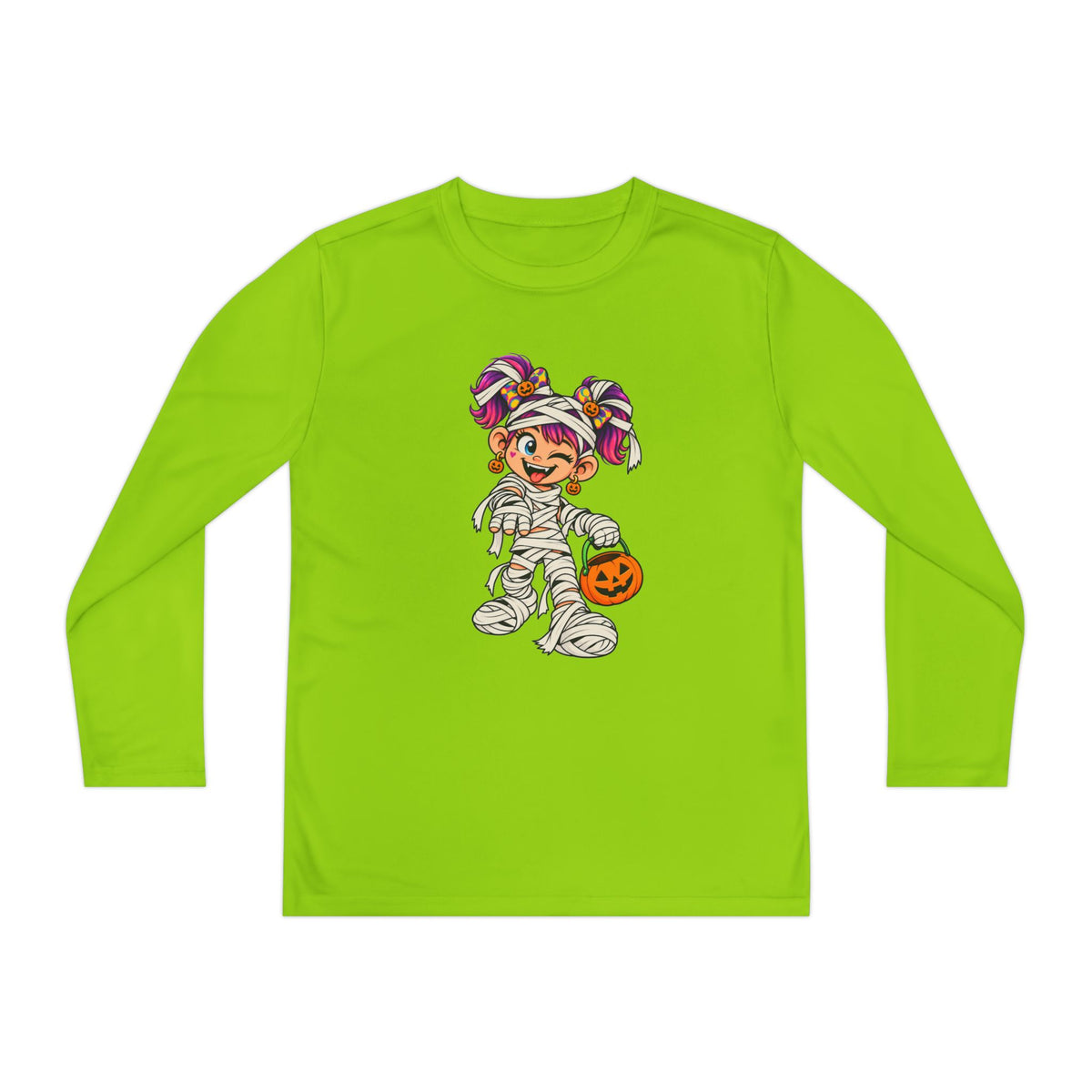 Youth Halloween Mummy Costume Long Sleeve Tee - Trick or Treat Pumpkin Graphic