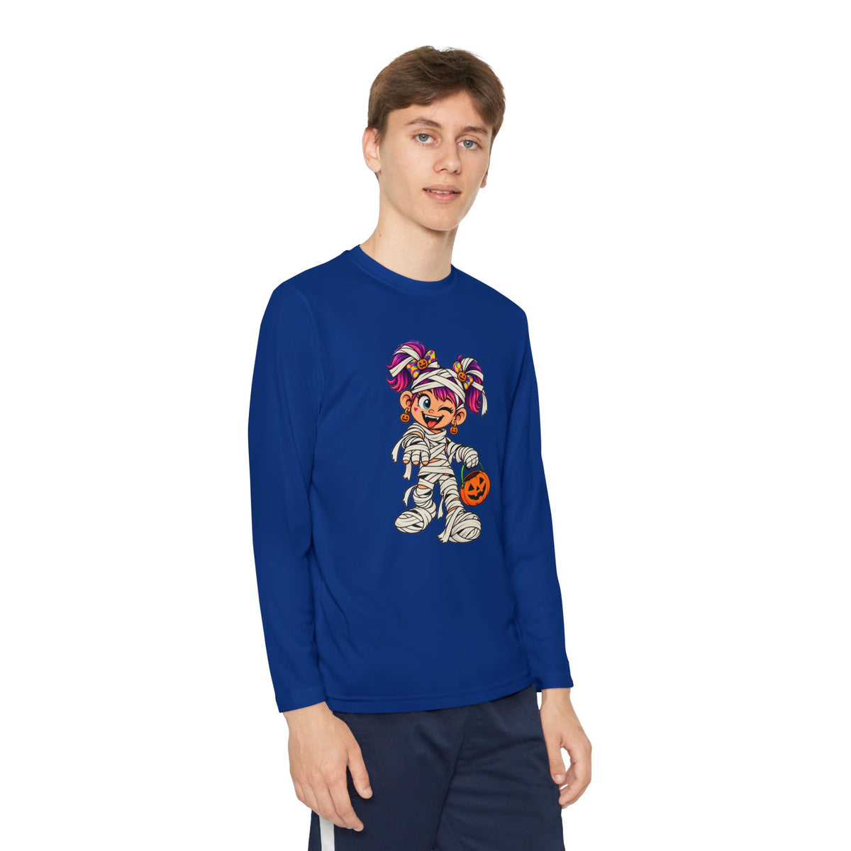 Youth Halloween Mummy Costume Long Sleeve Tee - Trick or Treat Pumpkin Graphic