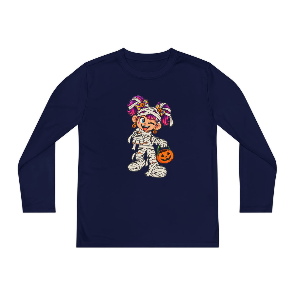 Youth Halloween Mummy Costume Long Sleeve Tee - Trick or Treat Pumpkin Graphic