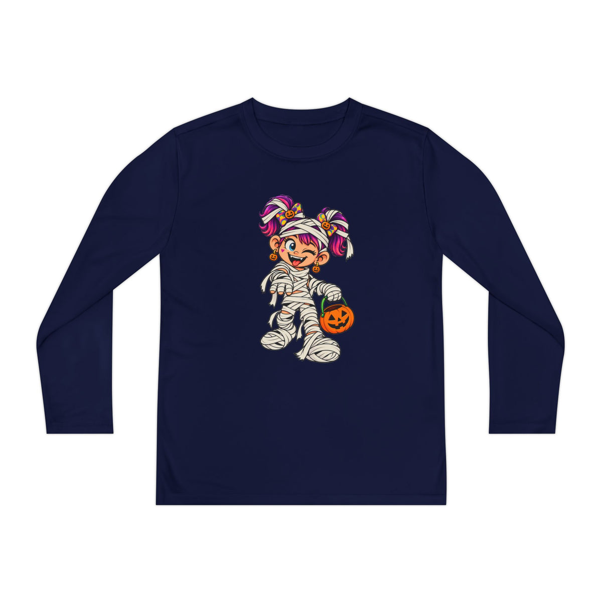 Youth Halloween Mummy Costume Long Sleeve Tee - Trick or Treat Pumpkin Graphic