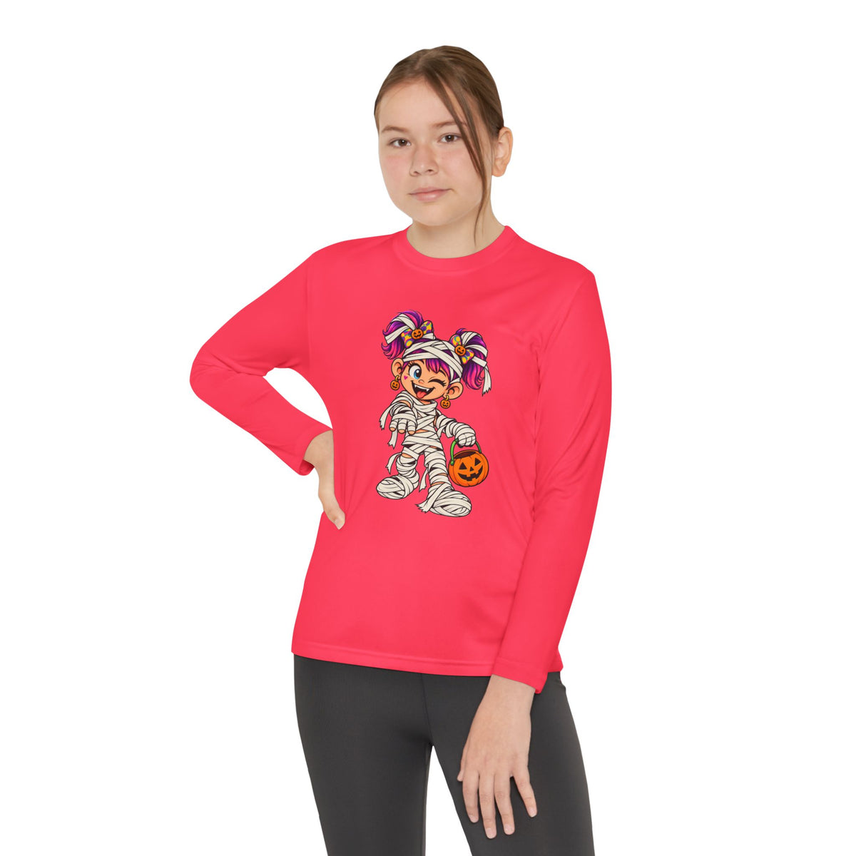 Youth Halloween Mummy Costume Long Sleeve Tee - Trick or Treat Pumpkin Graphic